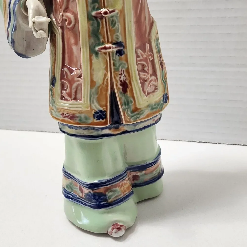 Vintage Chinese Shiwan Porcelain Lady Statue Songbird & Feeding Bowl Figurine